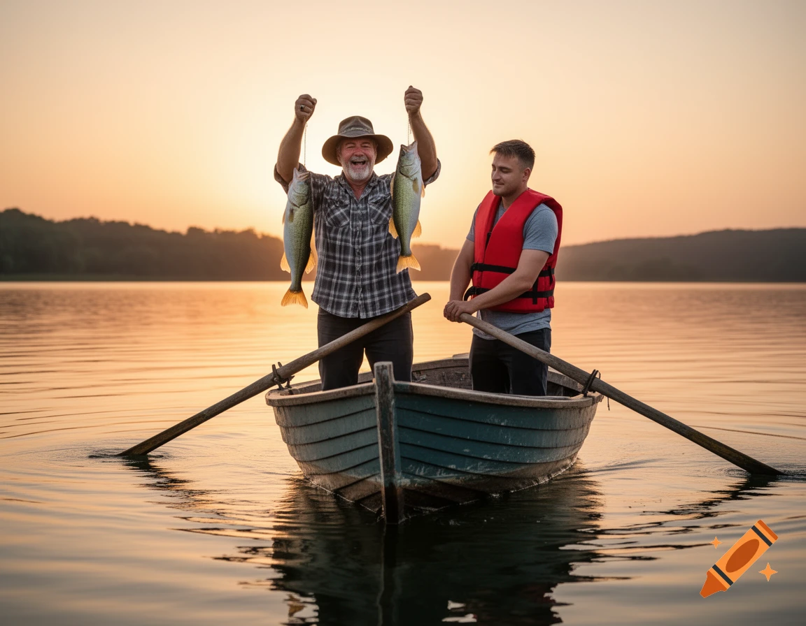 Two men in a small boat on a lake at sunset, one holding up two fish triumphantly, the other steering.