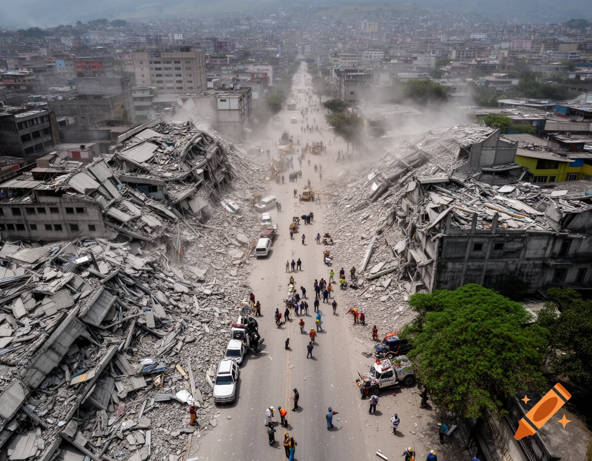 Aerial view of a city street devastated by an earthquake, showing collapsed buildings, extensive rubble, and people in the hazy, dusty road.
