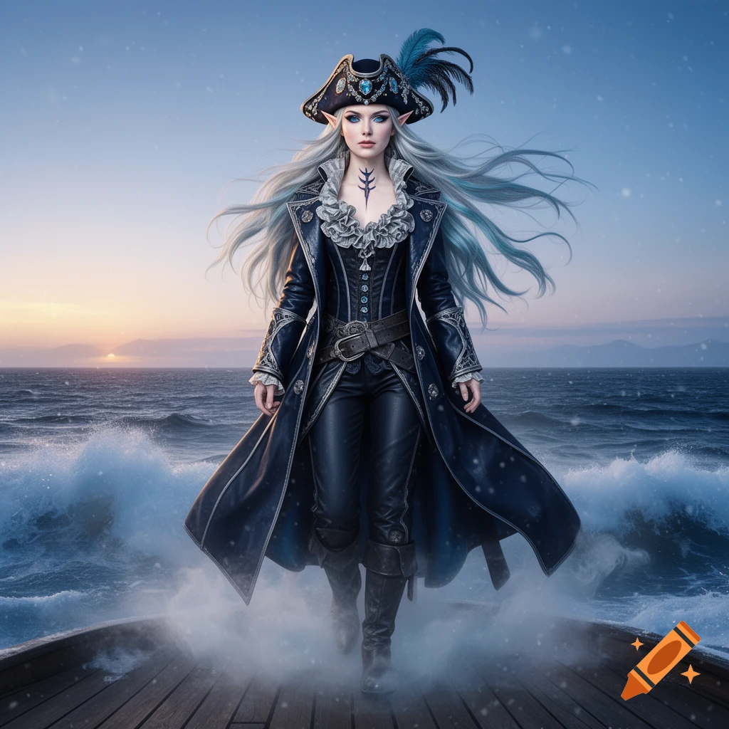 A female elf pirate queen with long white hair stands on a ship's deck at sea, wearing a dark blue coat and hat.