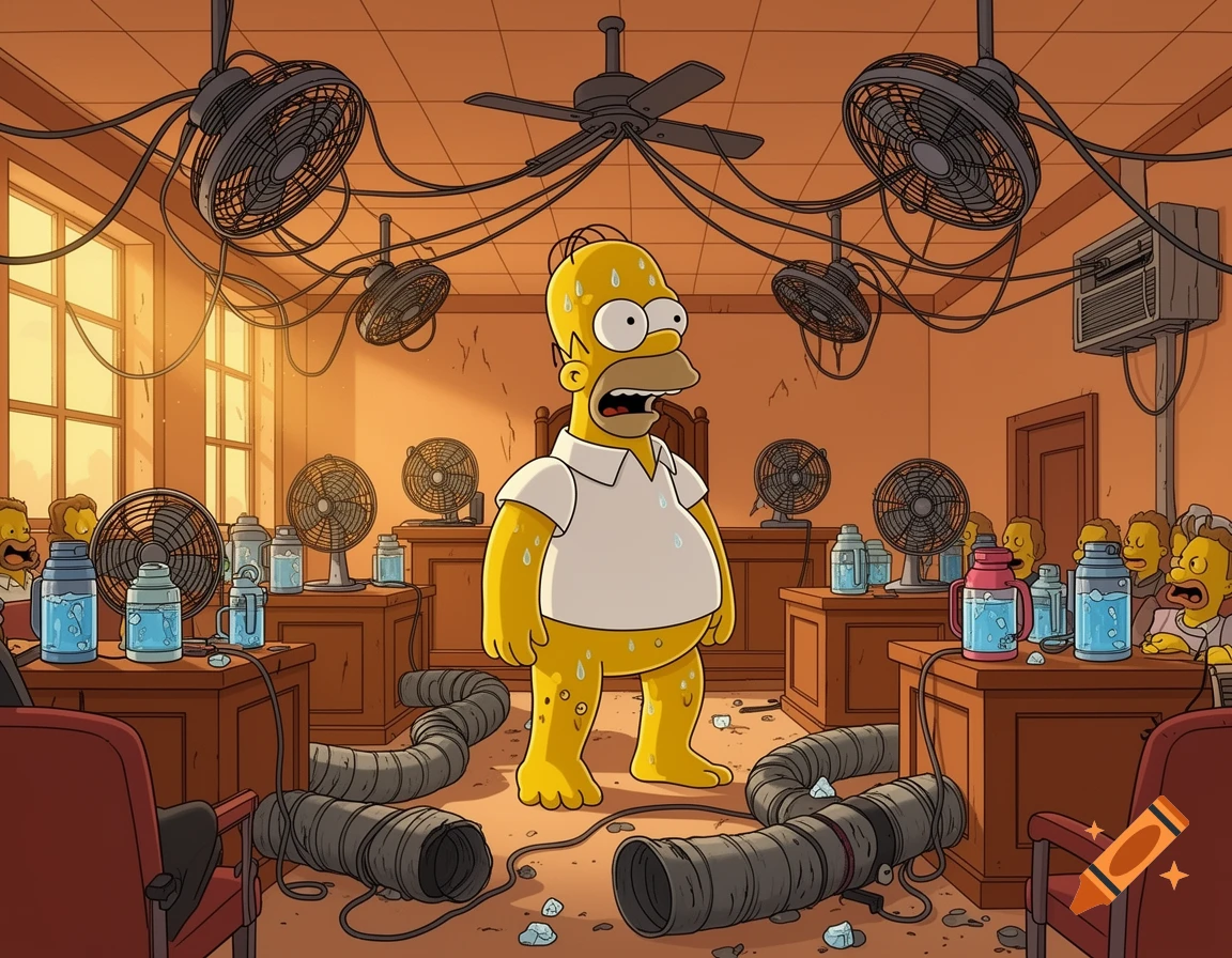 Sweating Homer Simpson in a chaotic, overheated courtroom with many fans and cooling tubes, Simpsons cartoon style.