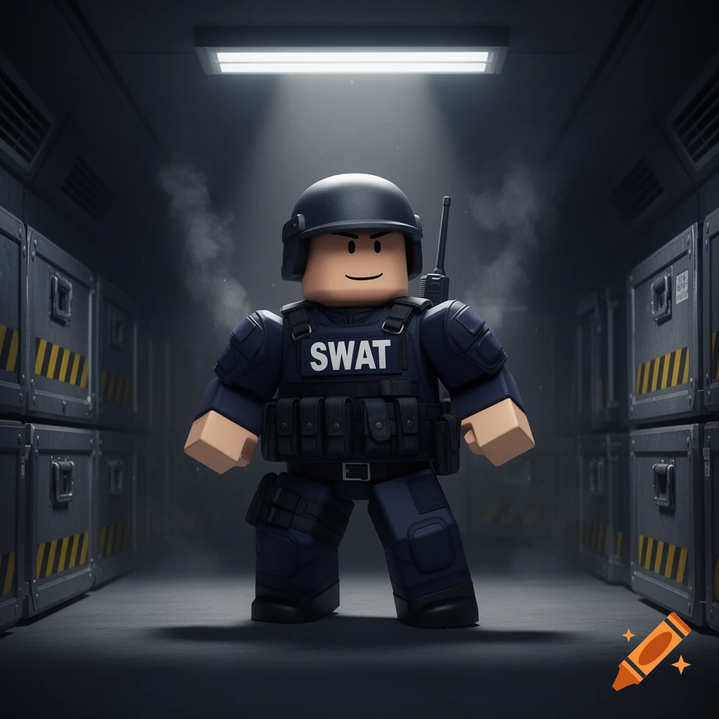 A Roblox-style SWAT officer character with a helmet stands in a dark, industrial hallway lined with crates.