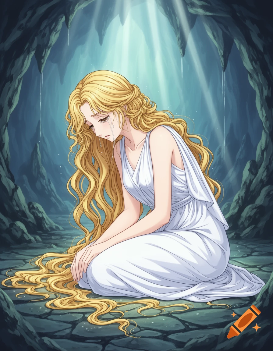 An anime-style blonde woman in a white dress weeps, hunched over in a dark cave illuminated by light rays.