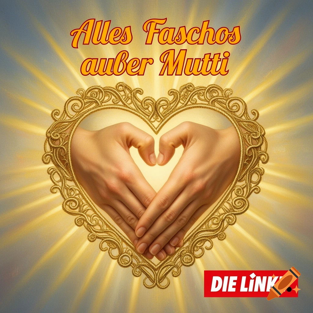 Two hands form a heart inside a golden frame with radiating light. Text reads "Alles Faschos außer Mutti" and a "DIE LINKE." logo is in the corner.