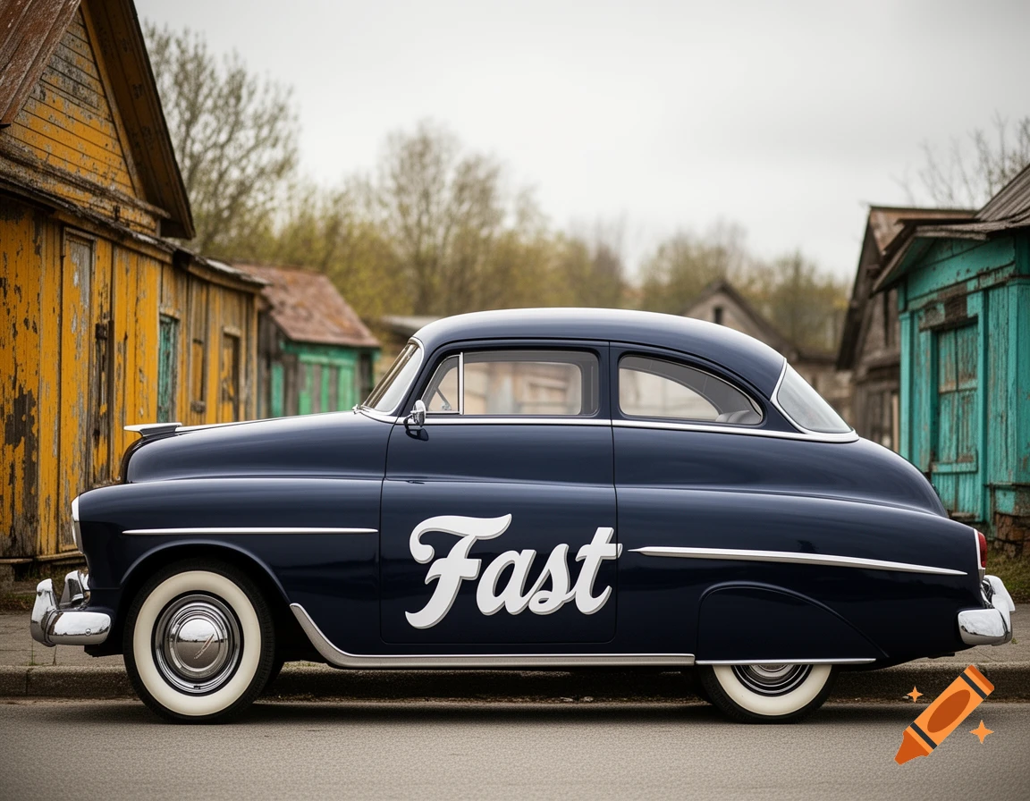 A dark blue vintage car with 'Fast' written on its side and white wall tires is parked next to weathered wooden buildings.
