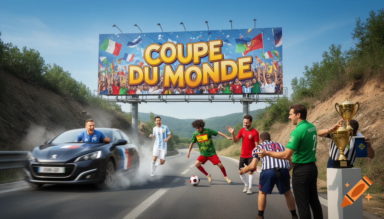 A dynamic scene of a football world cup with a car, players in different national jerseys, trophies, and a large billboard.