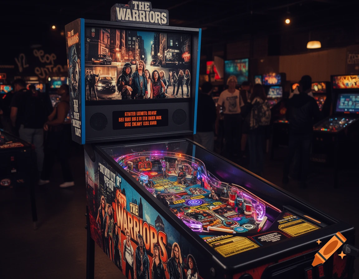 A close-up shot of a 'The Warriors' themed pinball machine glowing with purple lights in a dimly lit arcade, surrounded by other machines and blurred figures.