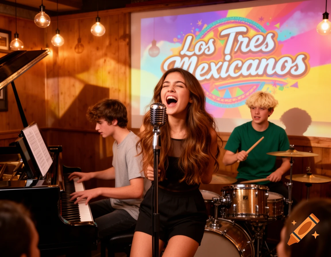 A teenage girl sings into a microphone with a boy playing piano and another on drums, against a screen displaying 'Los Tres Mexicanos'.