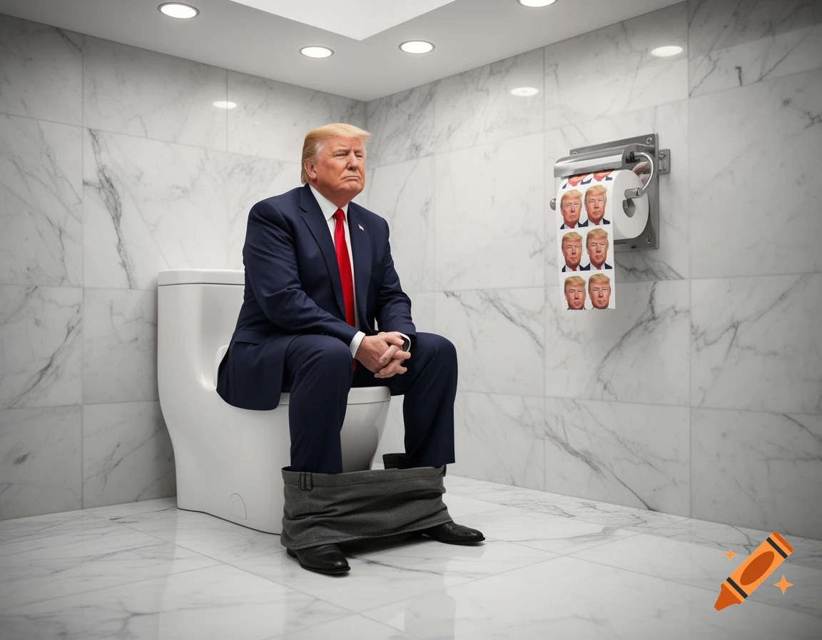Donald Trump sits on a toilet in a marble bathroom with his pants around his ankles; toilet paper featuring his face hangs on the wall.