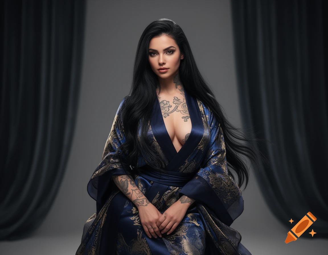 A woman with long black hair, wearing a deep blue and gold patterned robe, sits in a studio against a dark draped background.