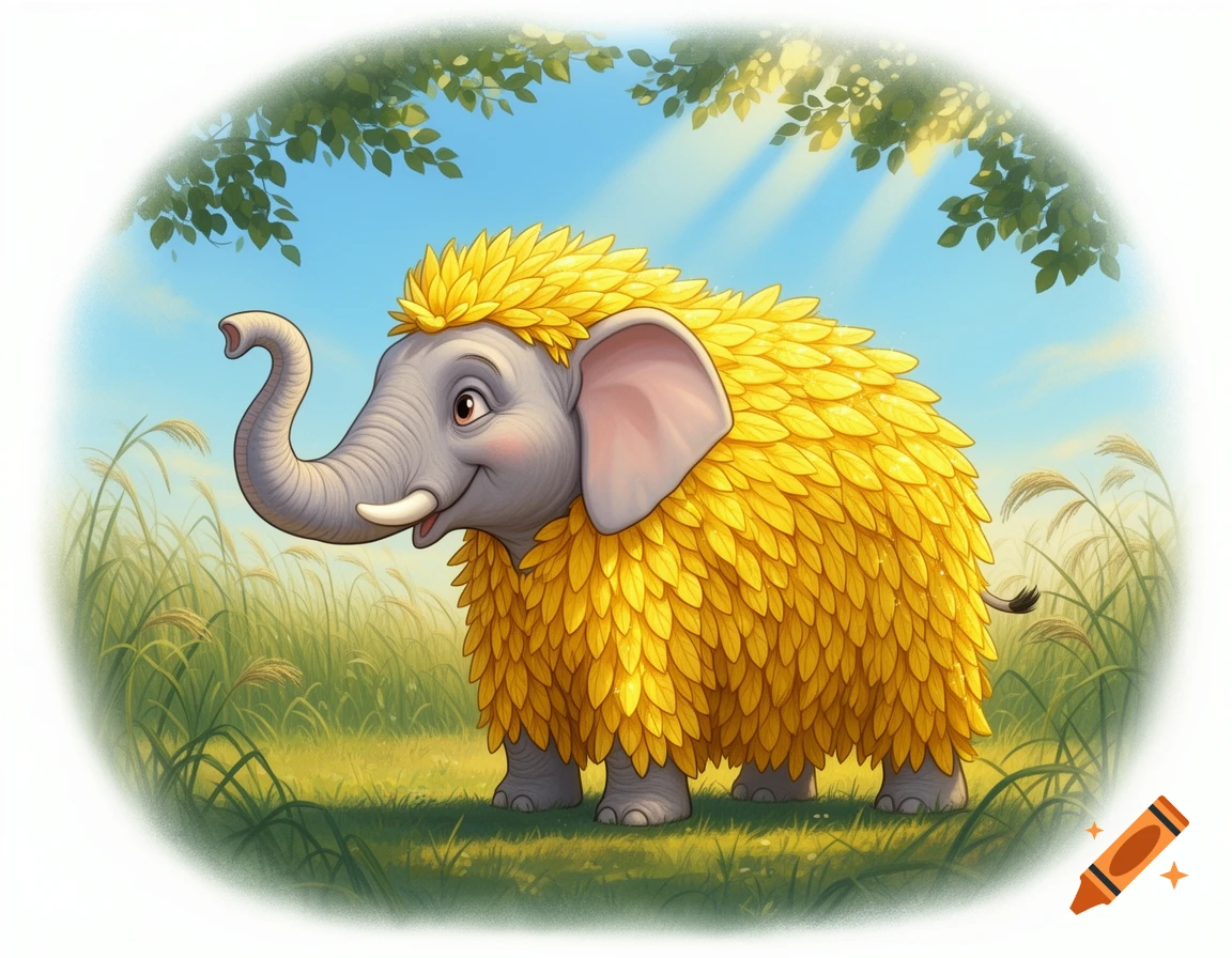 A cheerful cartoon elephant wearing a yellow canary costume stands in a sunny grassy field.