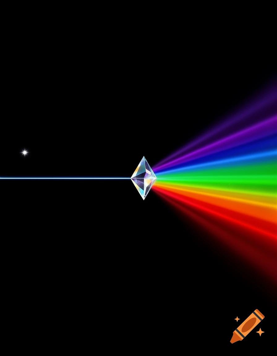 A single cold blue-white light beam enters a central prism, splitting into a vibrant rainbow spectrum on a black background.