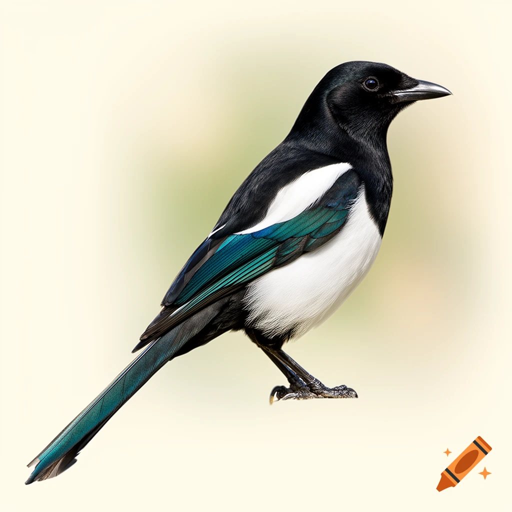 A photorealistic magpie with black and white plumage and iridescent blue-green wing and tail feathers, standing against a light background.