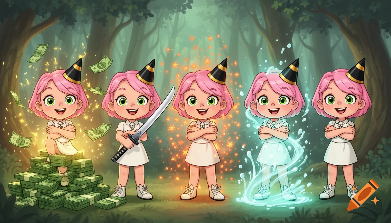 Five identical Anya Forger characters with pink hair and party hats stand in a forest. Each has a unique element: money, a sword, orange sparkles, water, and one stands plain.