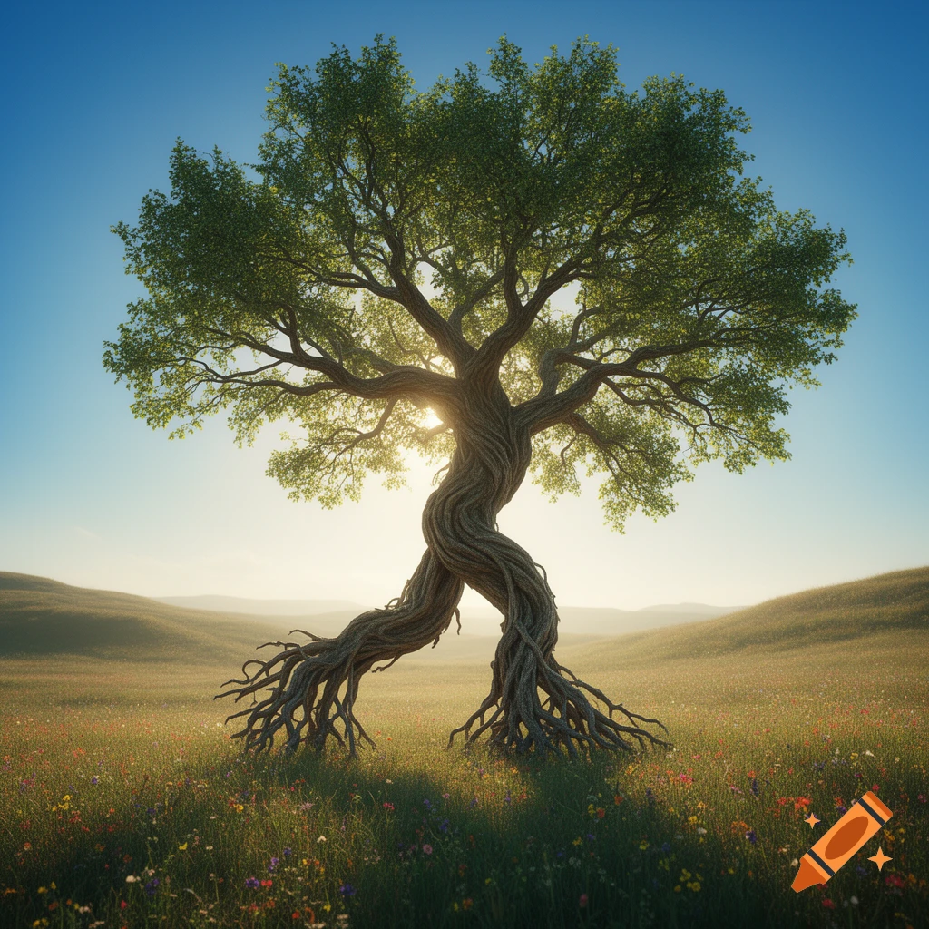 A twisted, gnarled tree stands in a vibrant green meadow under a bright blue sky, with the sun shining through its branches.