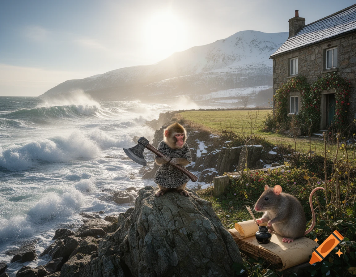 A monkey in chainmail with an axe on a rocky coast watches stormy waves, while a rat writes on a scroll near a stone house and snowy mountains.
