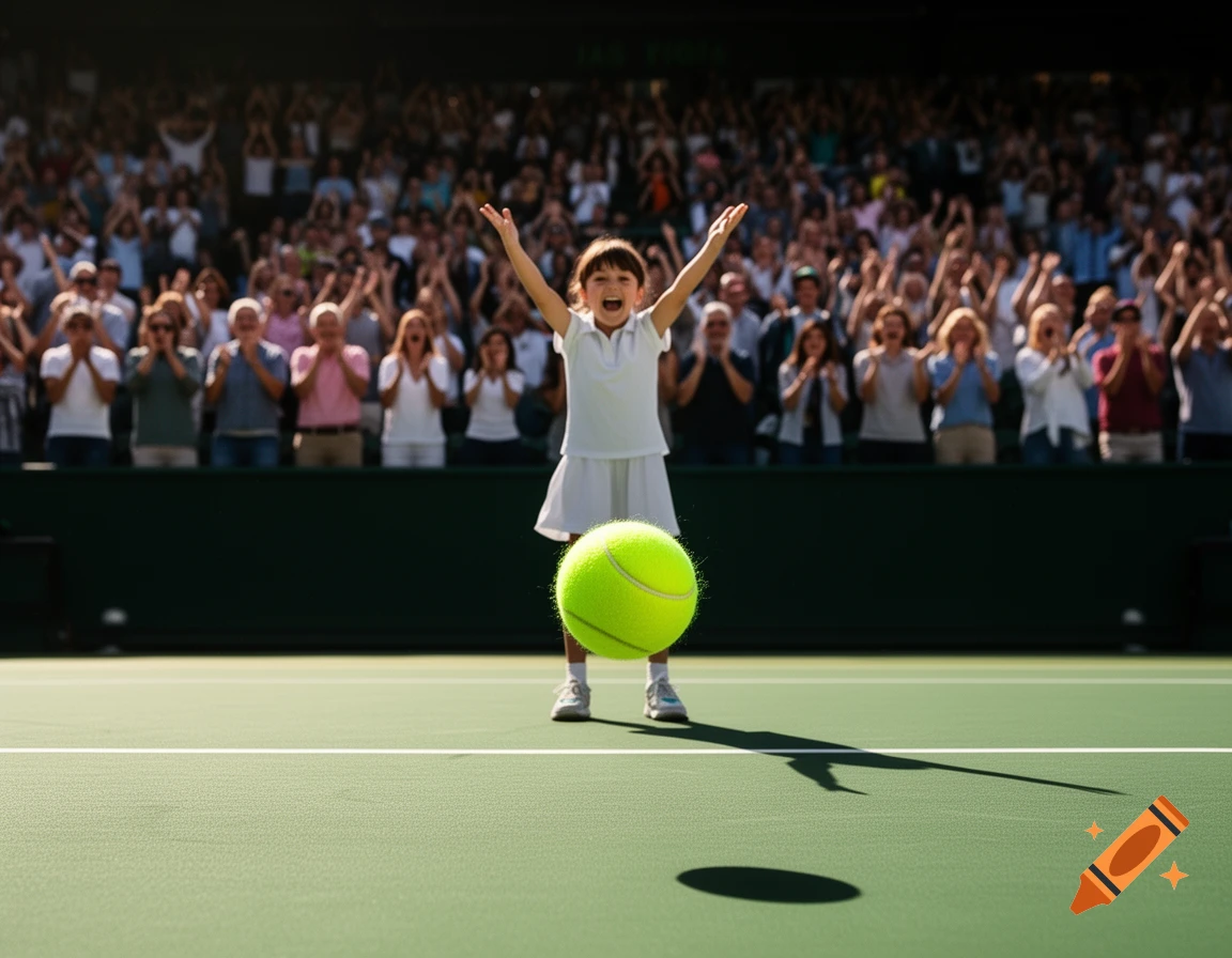 A jubilant young girl in a white tennis outfit celebrates on a green court, a large tennis ball nearby, with a cheering crowd.