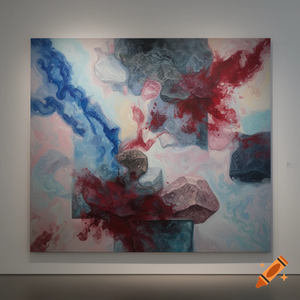 An abstract painting featuring swirling blues, reds, pinks, and grey, with textured rock-like forms, displayed on a gallery wall.