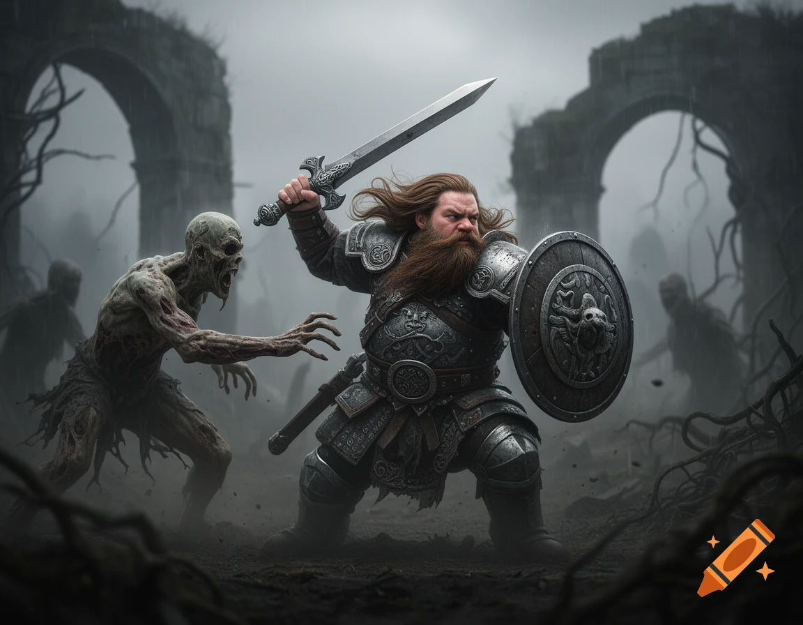 A heavily armored dwarf with a long beard and sword fights a grotesque zombie amidst foggy ruins, photorealistic style.