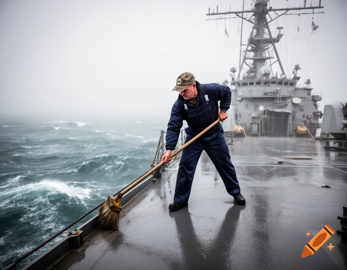 A sailor in blue overalls scrubs the wet deck of a large gray warship on a stormy, foggy sea.