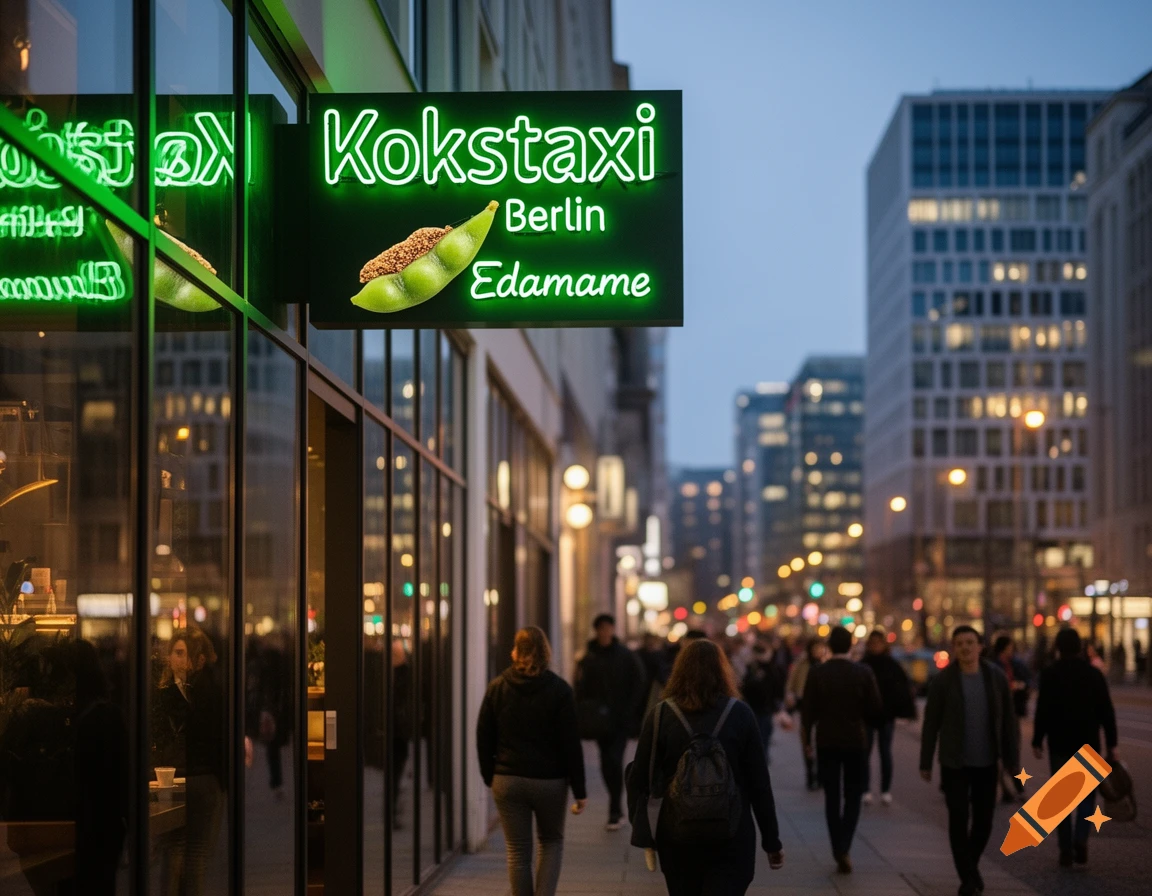 A green neon sign for "Kokstaxi Berlin Edamame" glows brightly above a city street with pedestrians walking below at dusk.