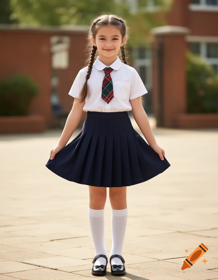 A young girl in a school uniform smiles, wearing a white shirt, plaid tie, navy pleated skirt, white knee-high socks, and black shoes, standing outdoors.