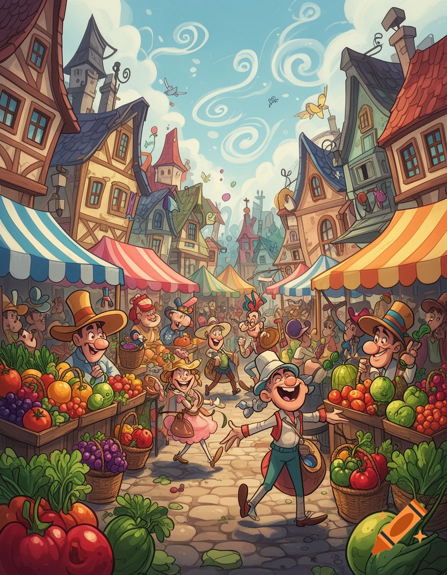 Vibrant cartoon market scene bustling with cheerful people, colorful fruit and vegetable stalls, and whimsical town buildings.