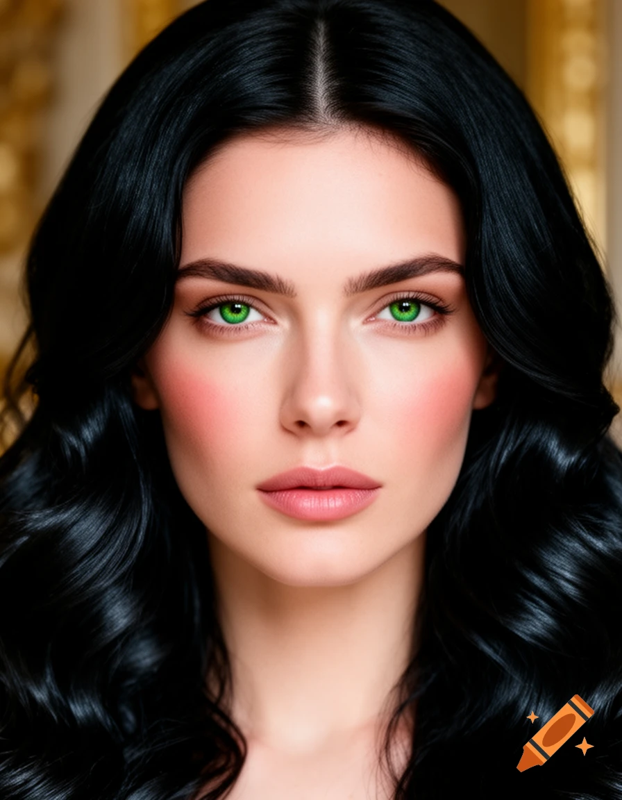 Close-up of a woman with long black wavy hair, piercing green eyes, fair skin, rosy cheeks, and light pink lips.