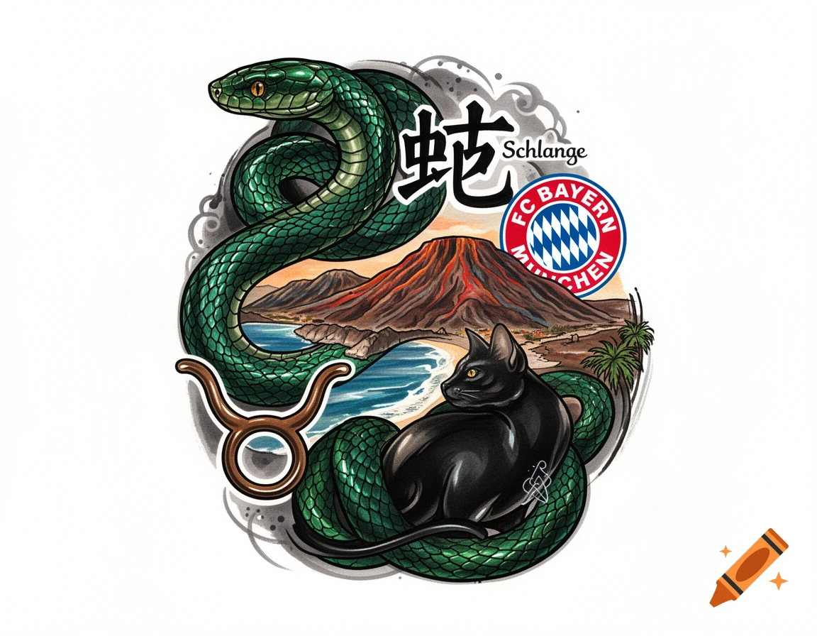 A colorful tattoo design featuring a green snake, black cat, volcano, beach, Taurus symbol, Chinese character for snake, and FC Bayern München logo.