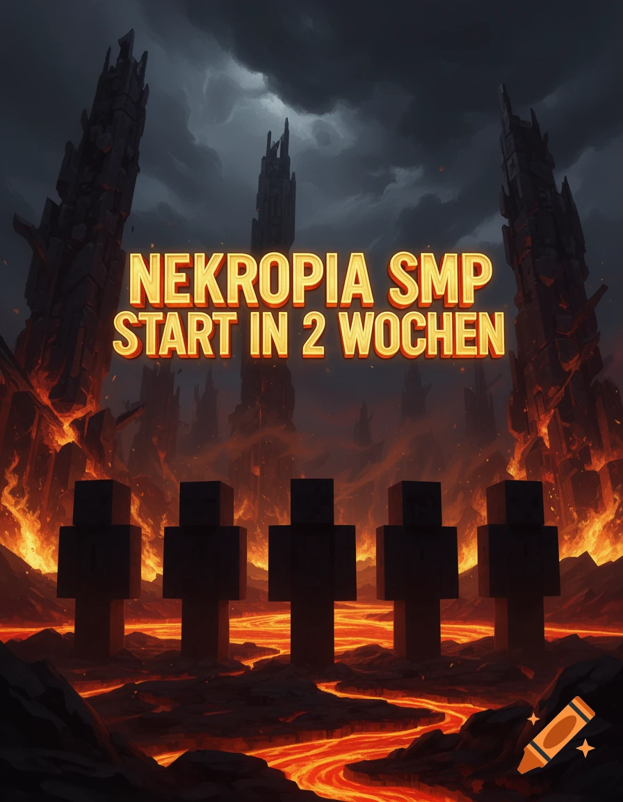 Apocalyptic Minecraft-style poster with obsidian towers, lava, five blocky player silhouettes, and text 'NEKROPIA SMP START IN 2 WOCHEN'.