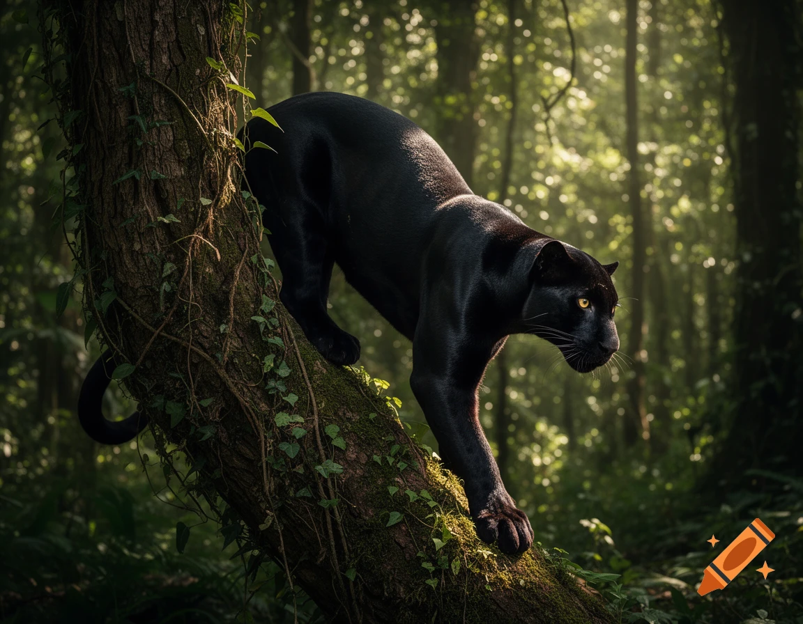 A sleek black panther with piercing yellow eyes descends a mossy tree trunk in a sun-dappled, lush green forest.