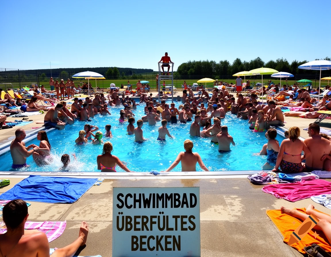 A very crowded outdoor swimming pool on a sunny day, with a sign in the foreground reading "SCHWIMMBAD ÜBERFÜLLTES BECKEN".