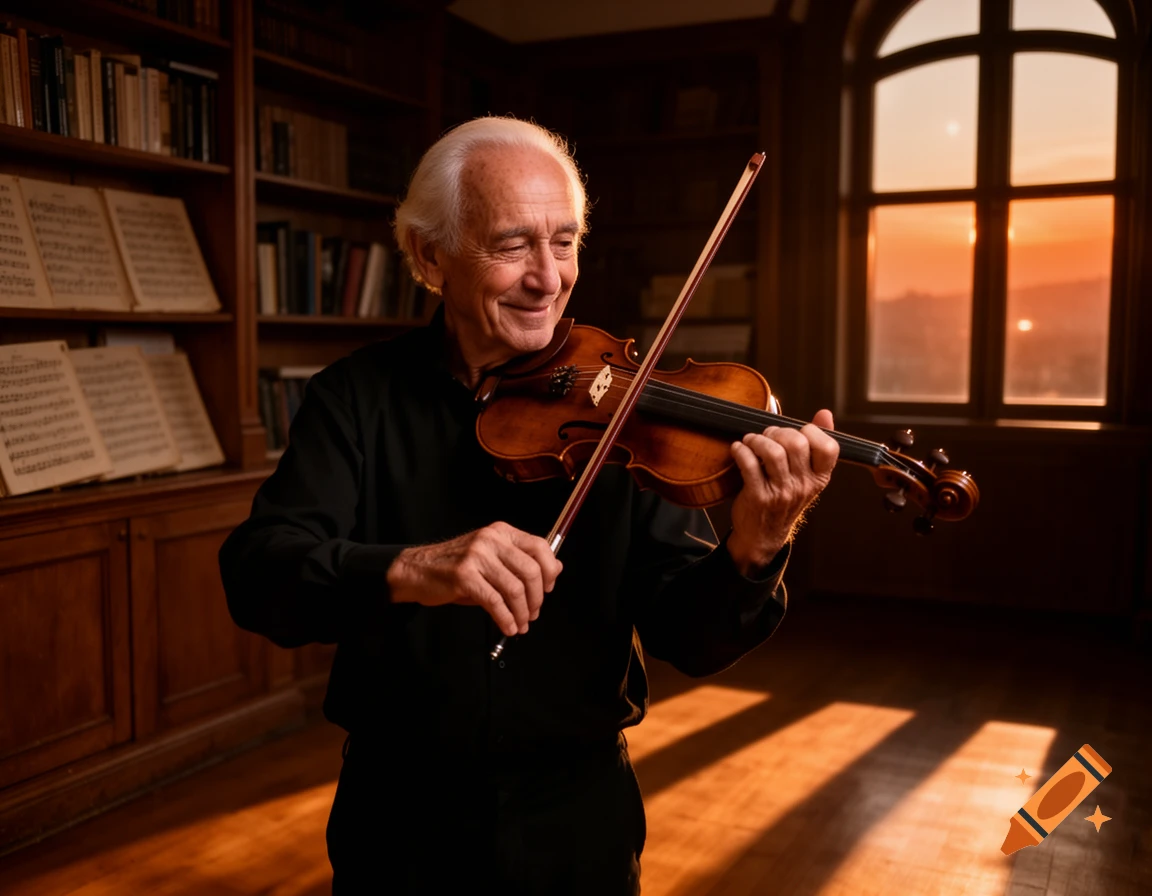 An elderly man with white hair smiles while playing a violin in a warm, dimly lit room with a bookshelf and a sunset visible through a window.