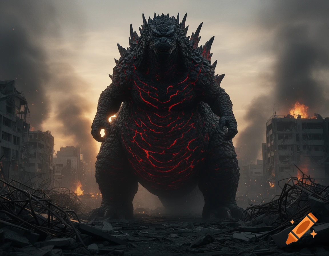A massive dark kaiju with glowing red patterns stands in a ruined, burning city under a dramatic sky.