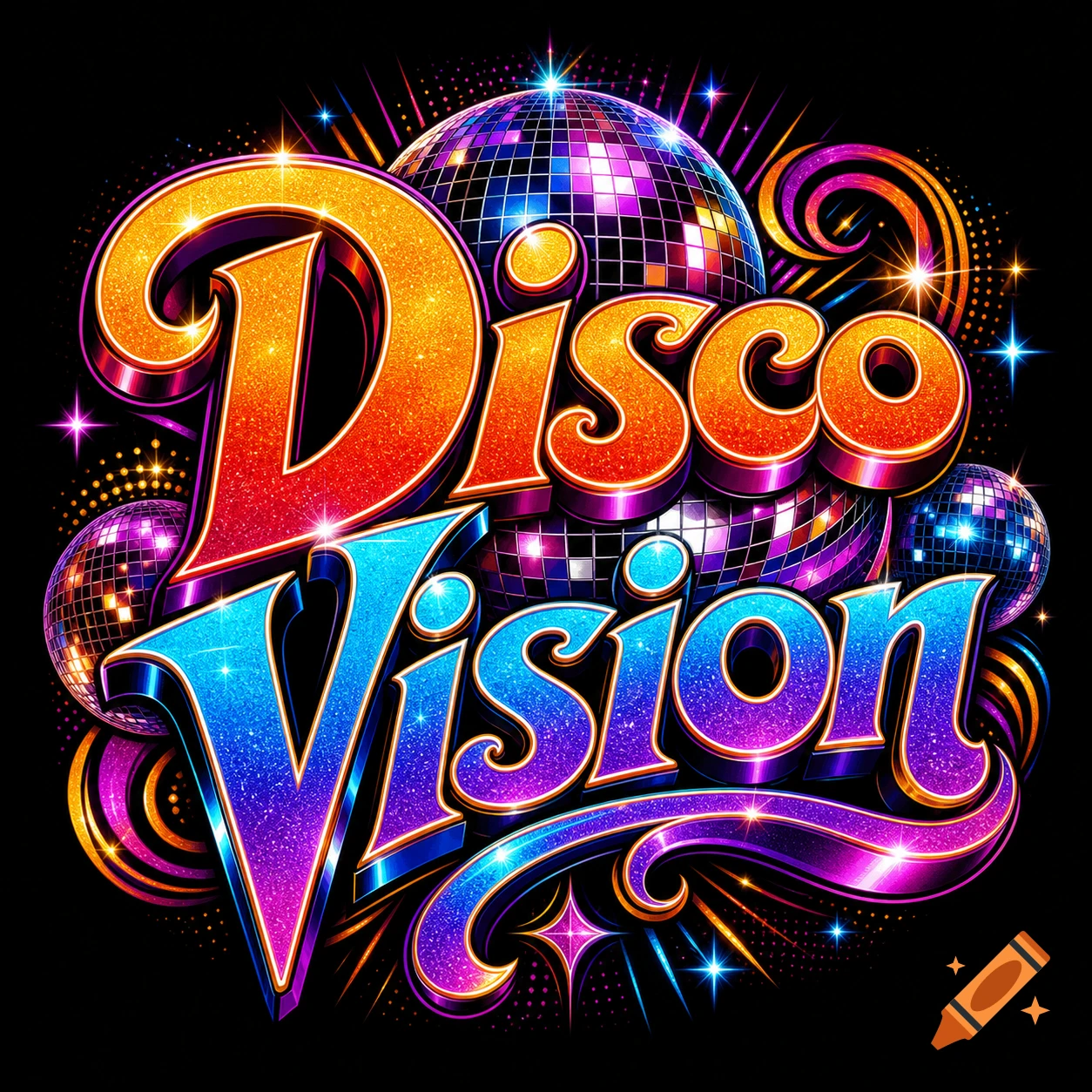 Glittery 'Disco Vision' logo with vibrant orange and blue text, disco balls, and sparkling retro 70s design on a black background.