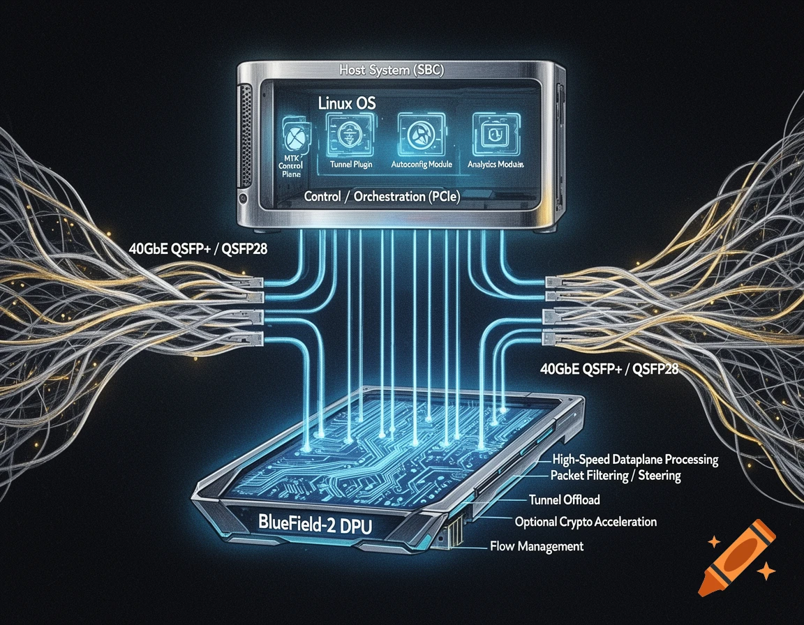 A technical diagram shows a Host System connected to a BlueField-2 DPU, with blue glowing lines indicating data flow and various labels describing components and functions.