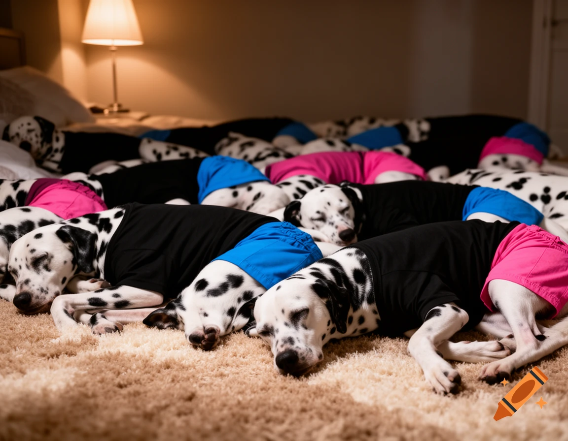 Many Dalmatians wearing black shirts and colorful shorts sleep peacefully on a fluffy rug and bed in a warm room.