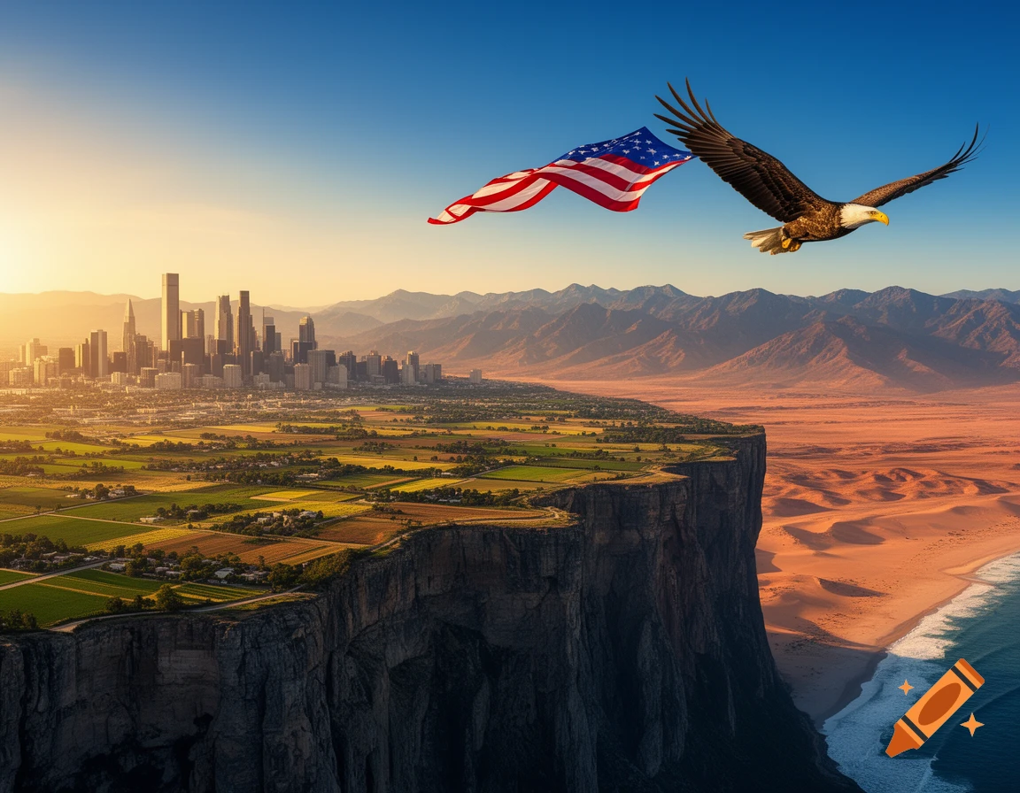 A bald eagle carrying an American flag flies over a vast landscape with a city, fields, cliffs, desert, and ocean at sunset.