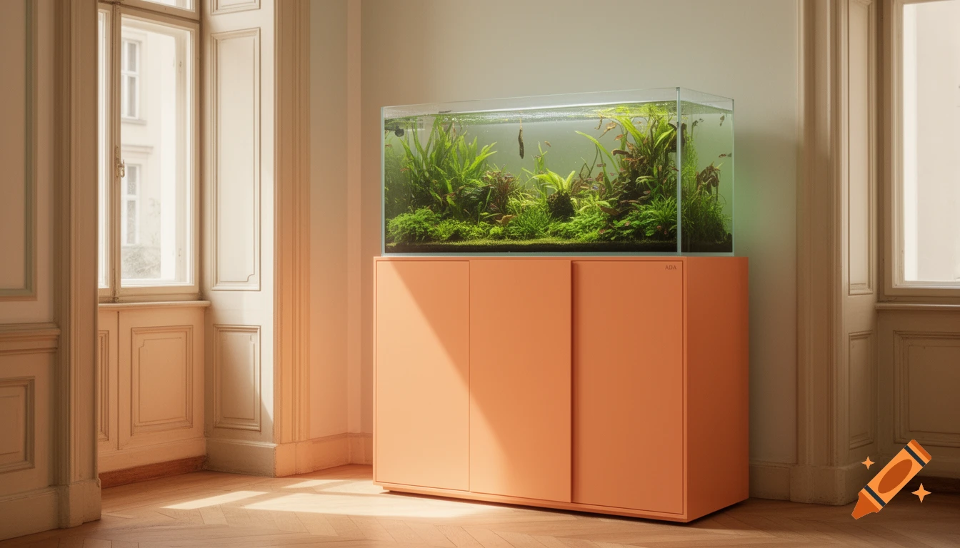 A large, lushly planted aquarium sits on a minimalist orange cabinet in a bright room with tall windows and parquet flooring.