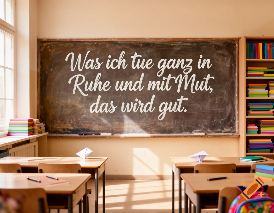 A bright classroom with sunlight, wooden desks, paper airplanes, a blackboard with a German quote, and colorful bookshelves.