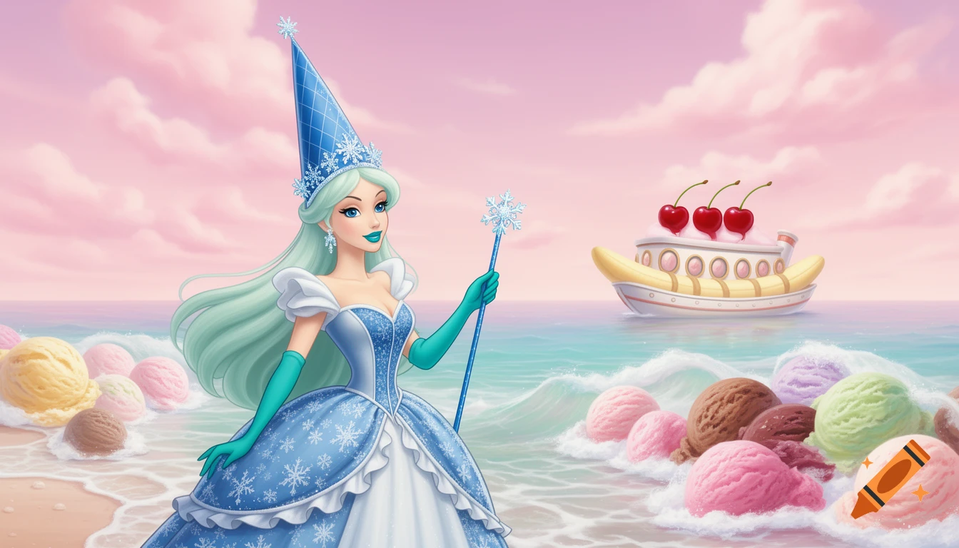 A cartoon ice queen in a blue gown stands on an ice cream-covered beach with a banana split boat on a pastel sea.