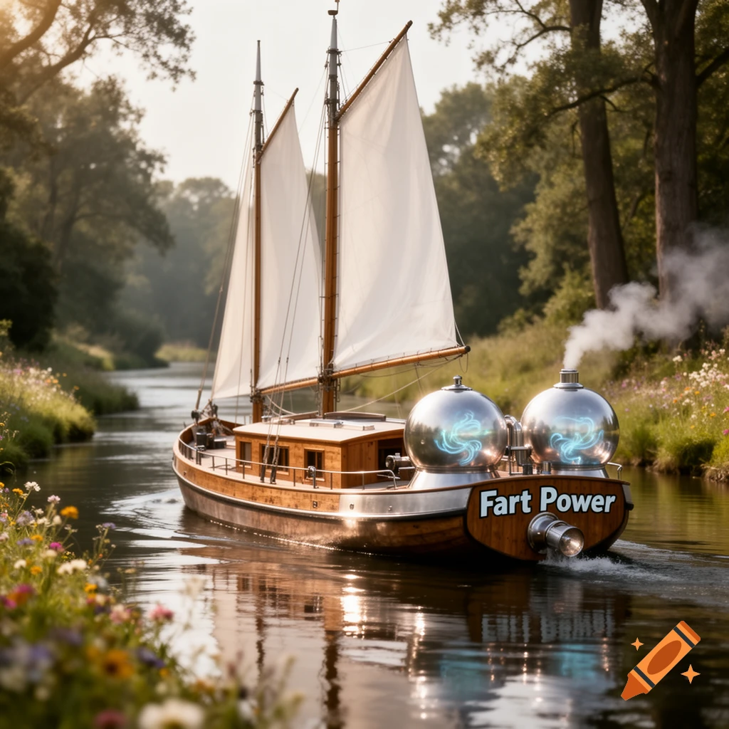 A wooden sailing boat labeled "Fart Power" glides down a scenic river lined with trees and wildflowers.