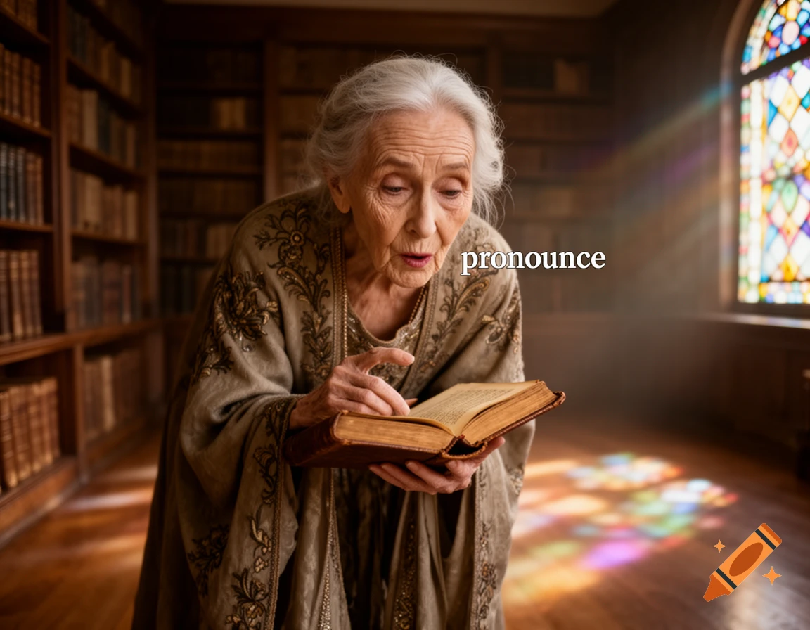 An elderly woman in a richly embroidered gown reads an old book in a sunlit library with stained glass windows.