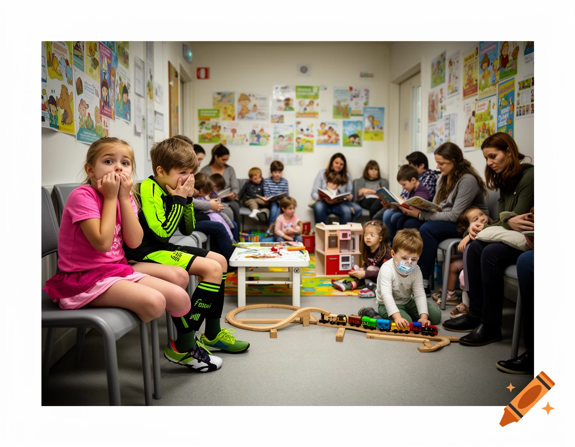 Children and adults wait in a crowded pediatrician's office with colorful posters, toys, and books. Two children in the foreground look nervous.