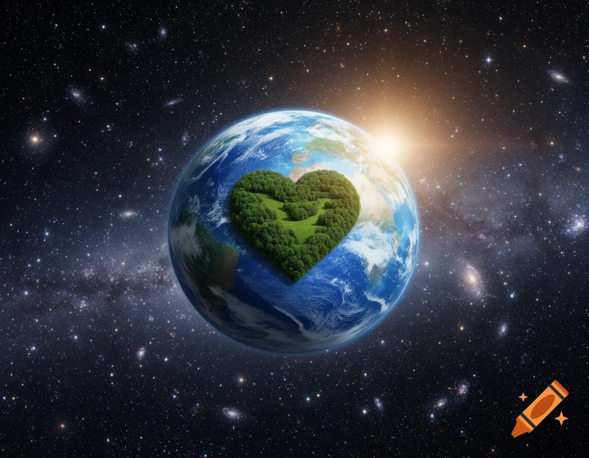Photorealistic Earth-like planet with a lush green heart-shaped forest in interstellar space.