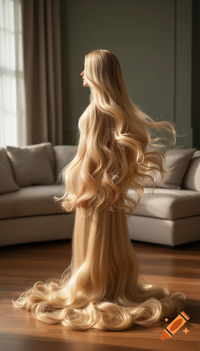 Woman with long blonde hair draped around her body like a dress, standing in a sunlit room with sofas.