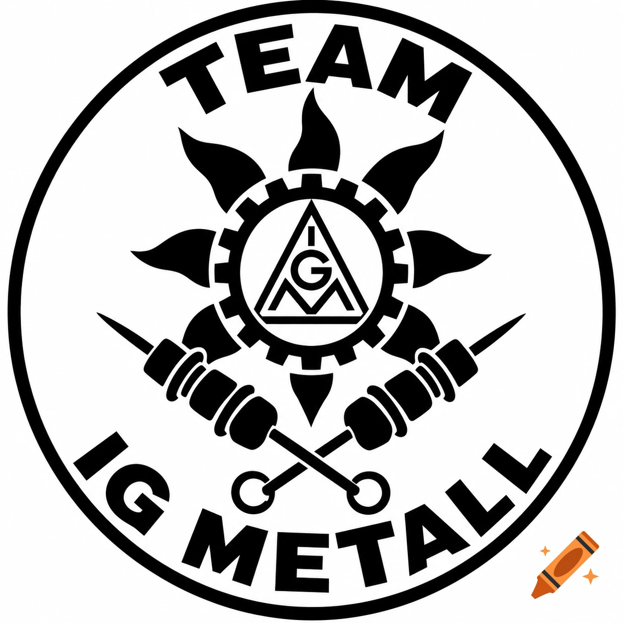 Black and white circular logo with 'TEAM' at the top and 'IG METALL' at the bottom, featuring a stylized sun, gear, and crossed skewers.
