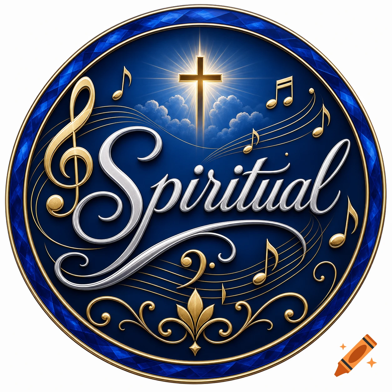 A circular blue logo with silver 'Spiritual' text, a shining golden cross, clouds, gold musical notes, and ornate gold accents.