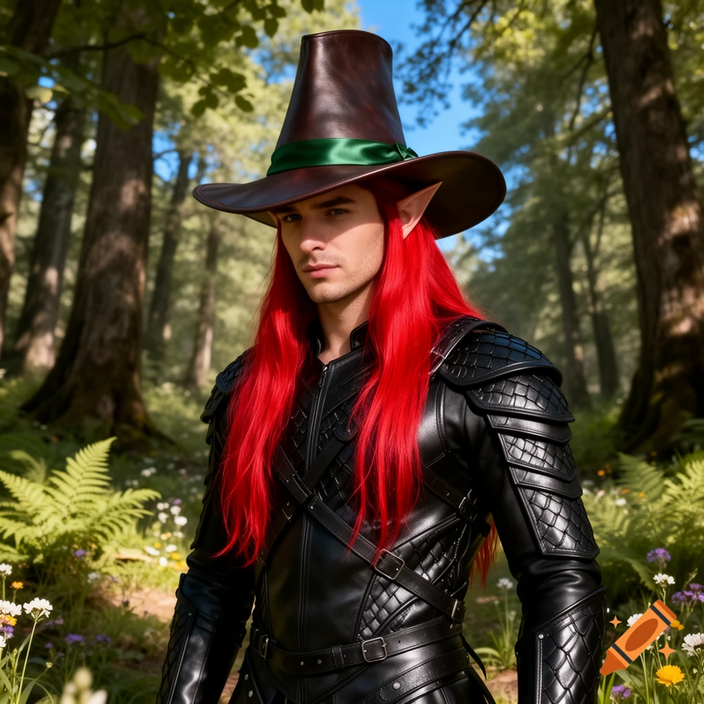 A male elf with long red hair, pointy ears, black leather armor, and a tall brown capotain hat stands in a forest.