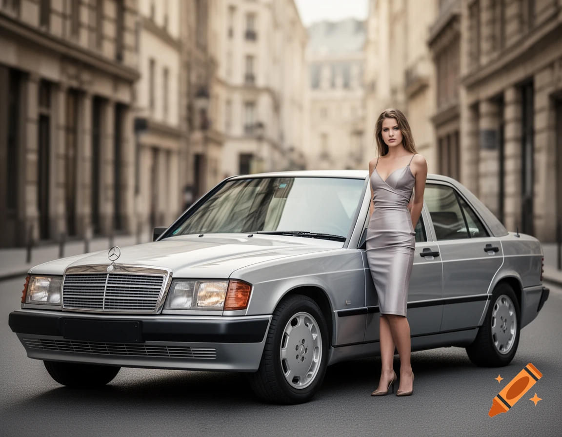 A woman in a silver dress poses beside a silver Mercedes sedan on a city street.