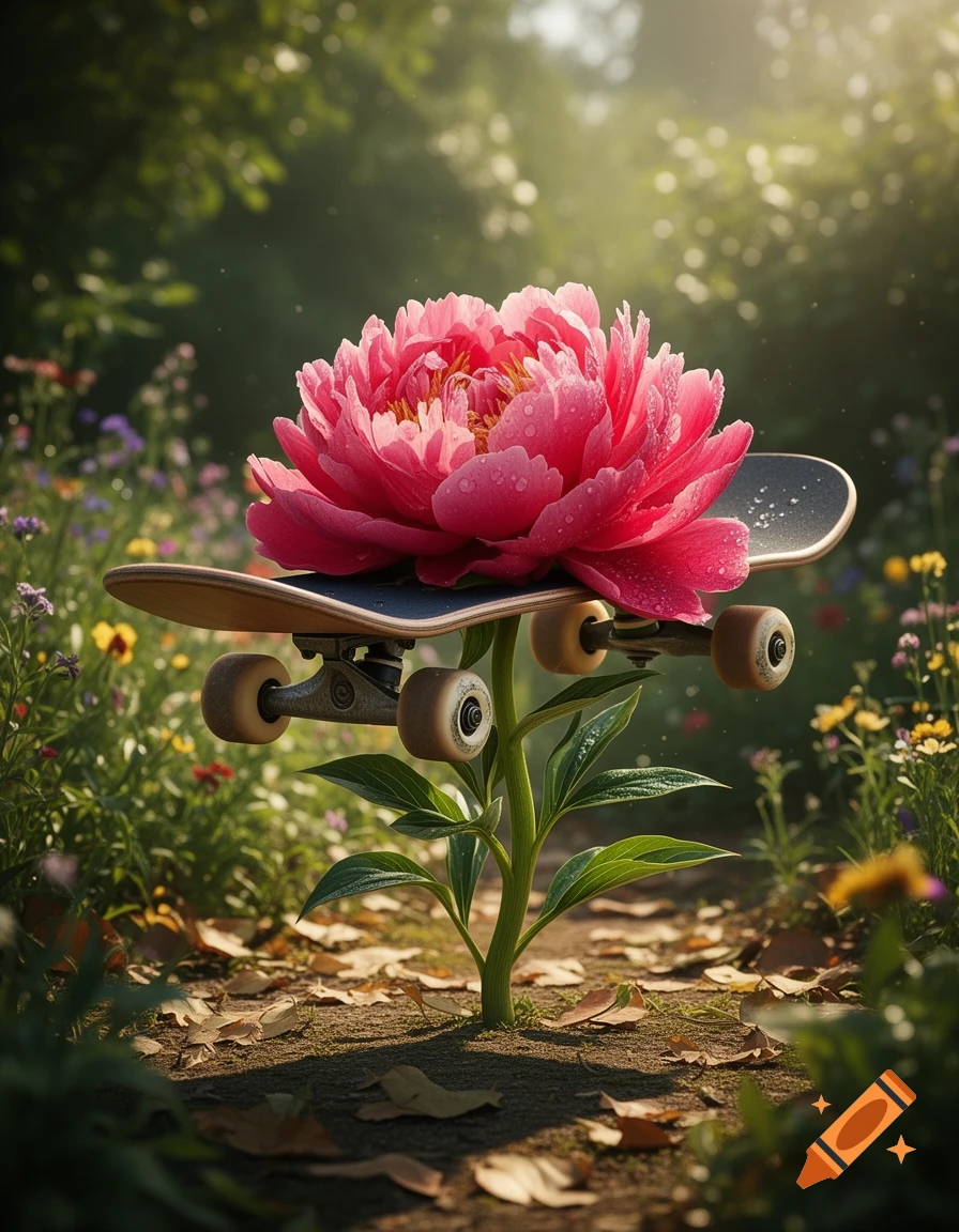 A vibrant pink peony flower blooms atop a skateboard deck with its wheels attached to the flower stem, rooted in a sunlit garden path.